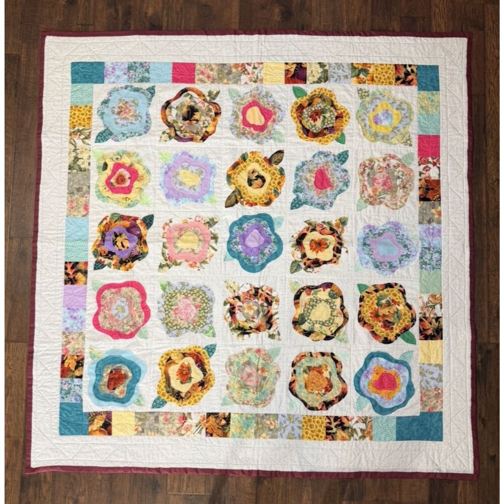 French Roses Quilt Blanket Handcrafted 59x59 Wall Hang Sleeve Raw Edge Applique
